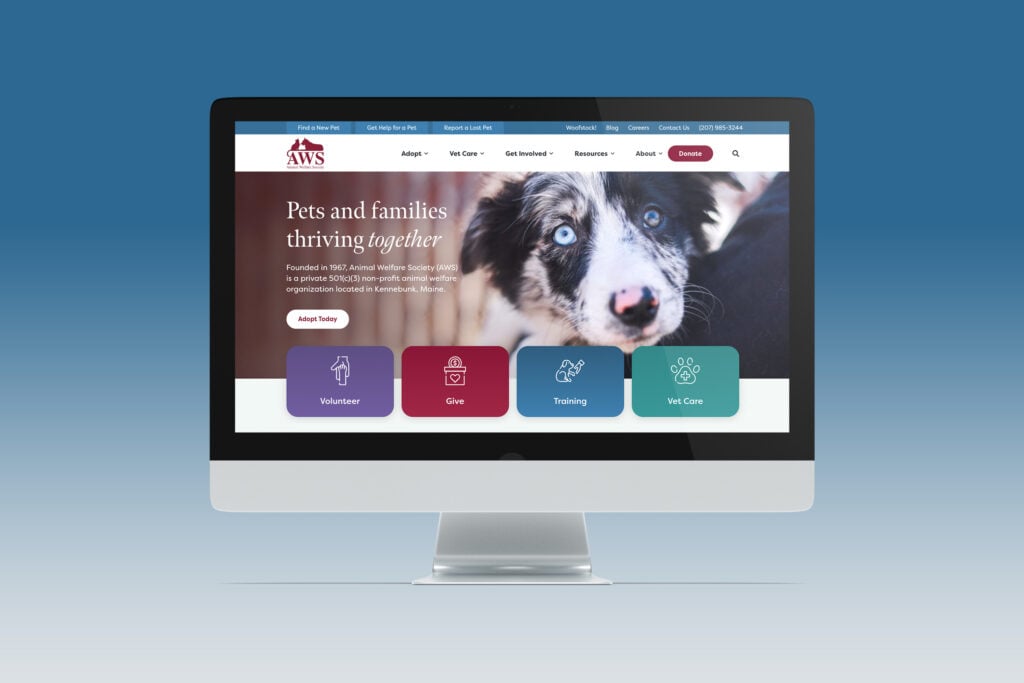 The new Animal Welfare Society homepage on a desktop computer