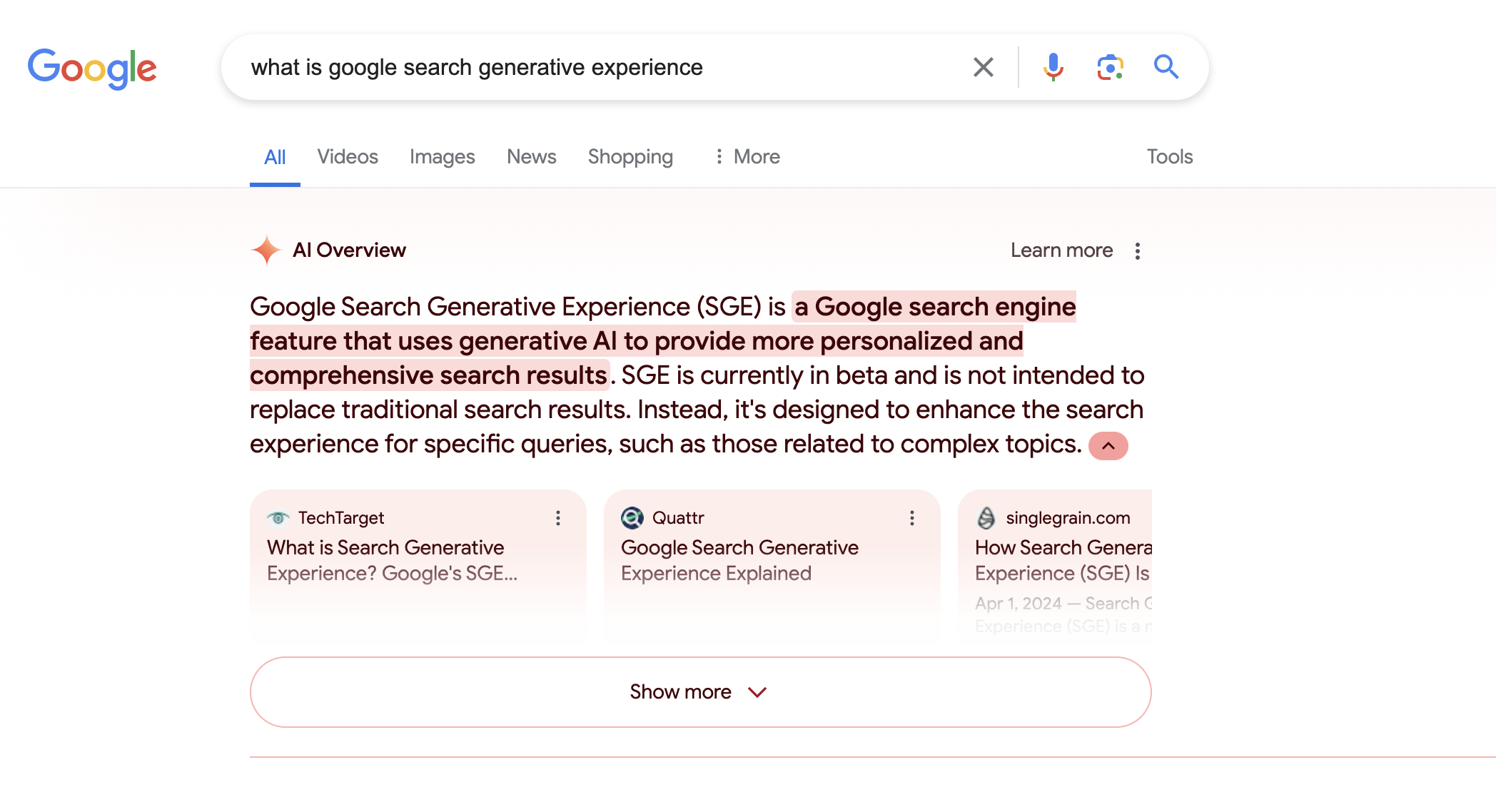 A Google Ai Overview for the search query "What is Google Search Generative Experience?"
