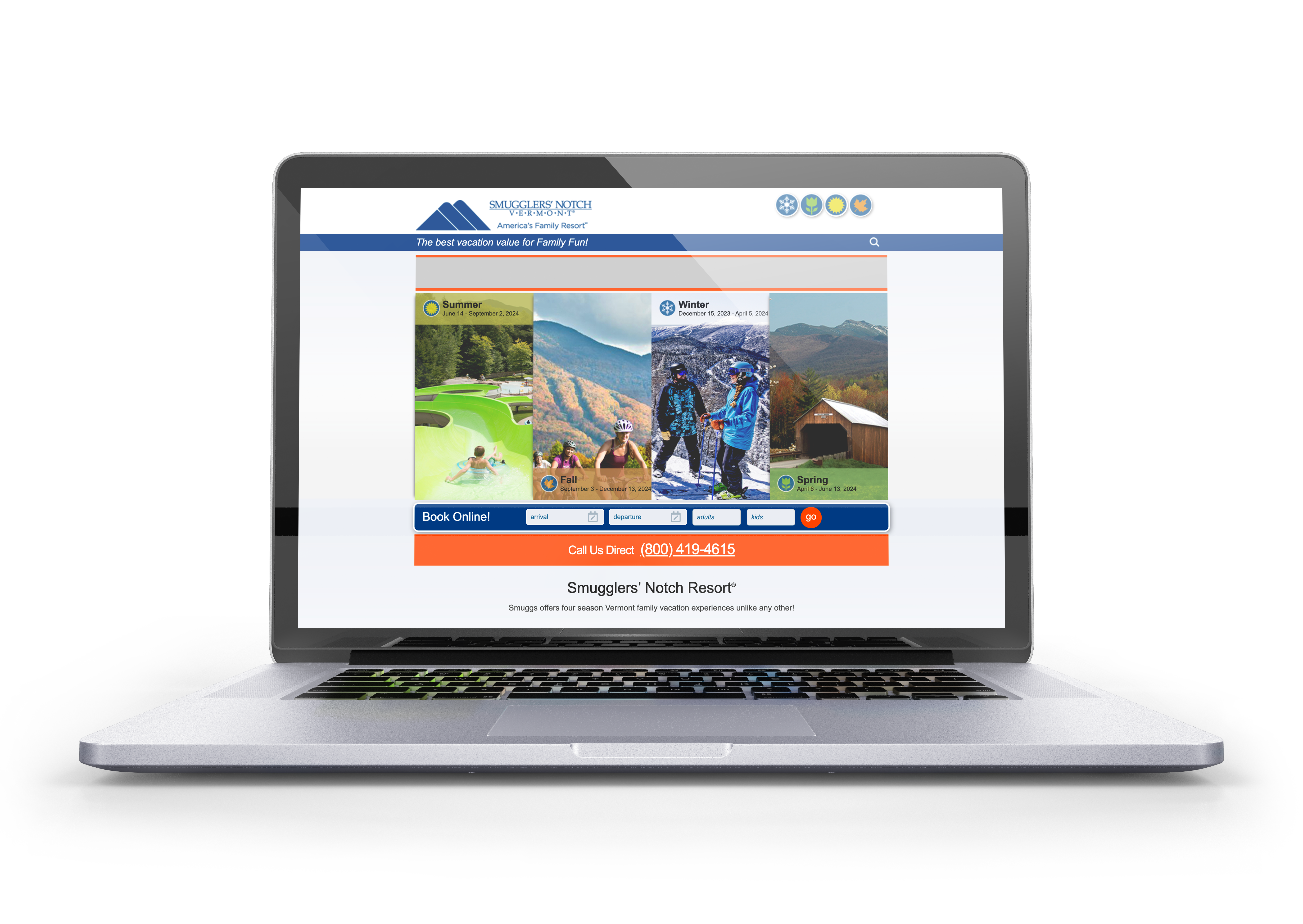 The old Smugglers' Notch homepage on a laptop