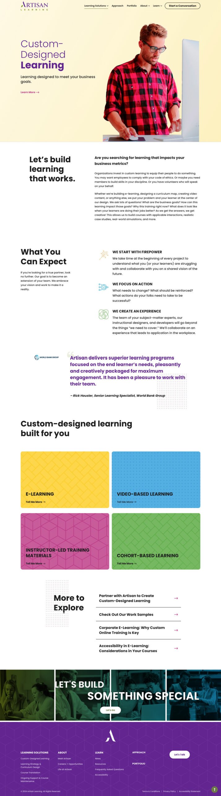 Screenshot of the Artisan Learning Custom Designed Learning page