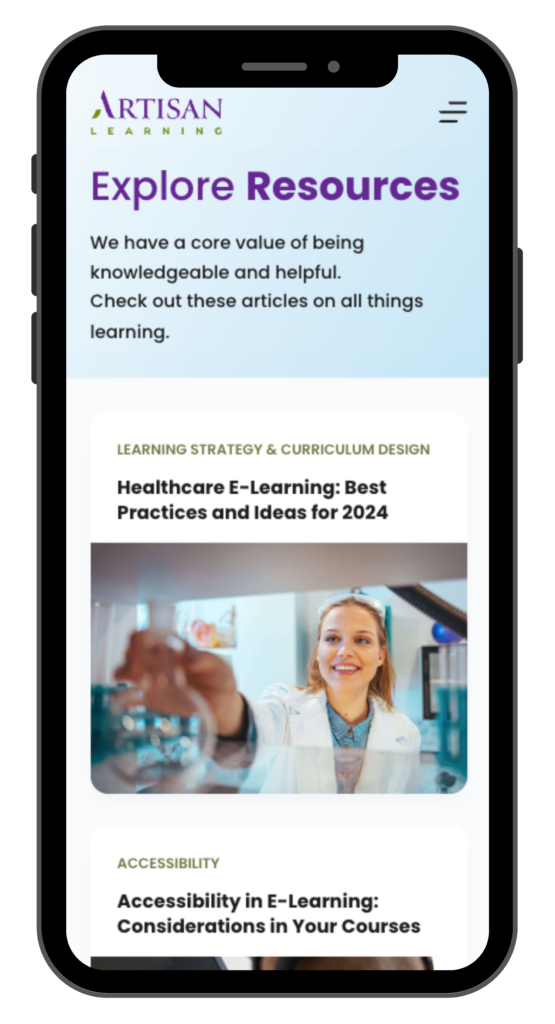 The new Artisan Learning Resources page on an iPhone