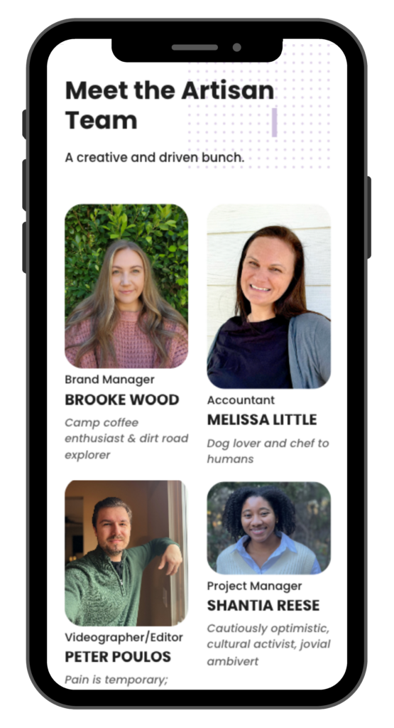 The new Artisan Learning Meet the Team page on an iPhone