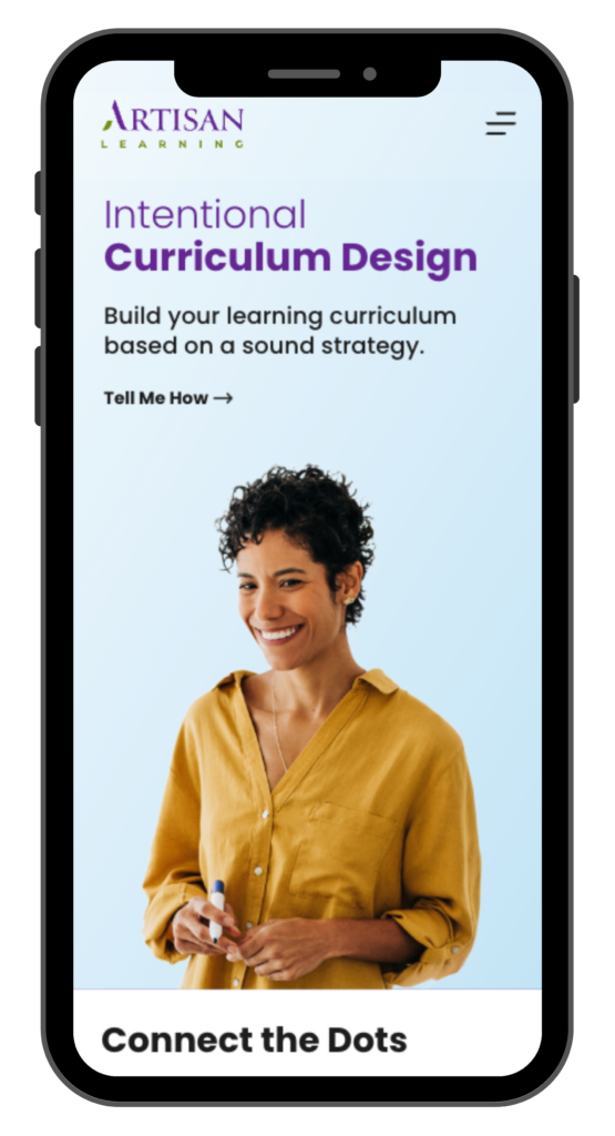 The new Artisan Learning Intentional Curriculum Design page on an iPhone