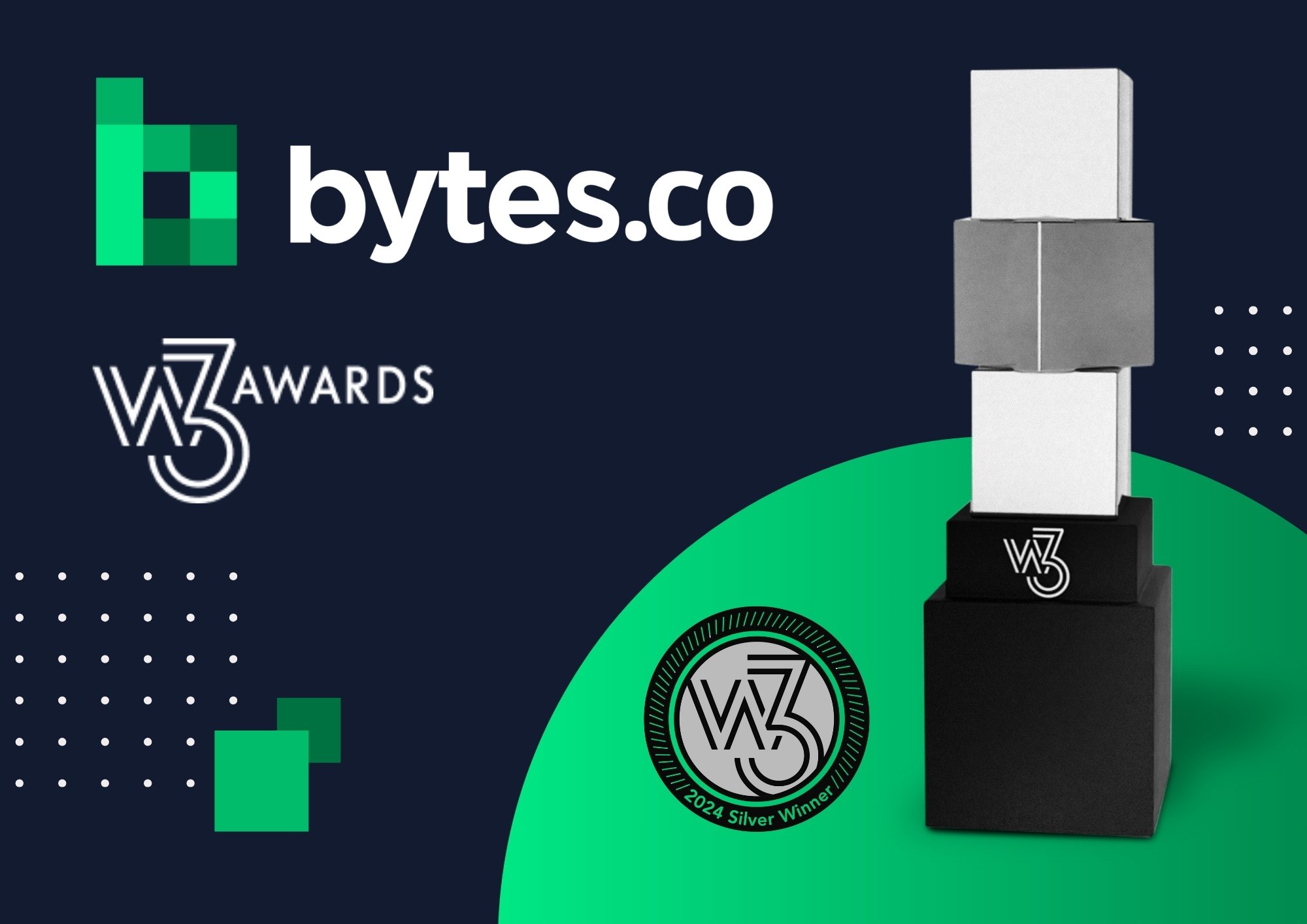 The Bytes.co and w3 Award logos together next to the Silver 2024 w3 Awards winner logo and trophy statuette on a navy blue and green background