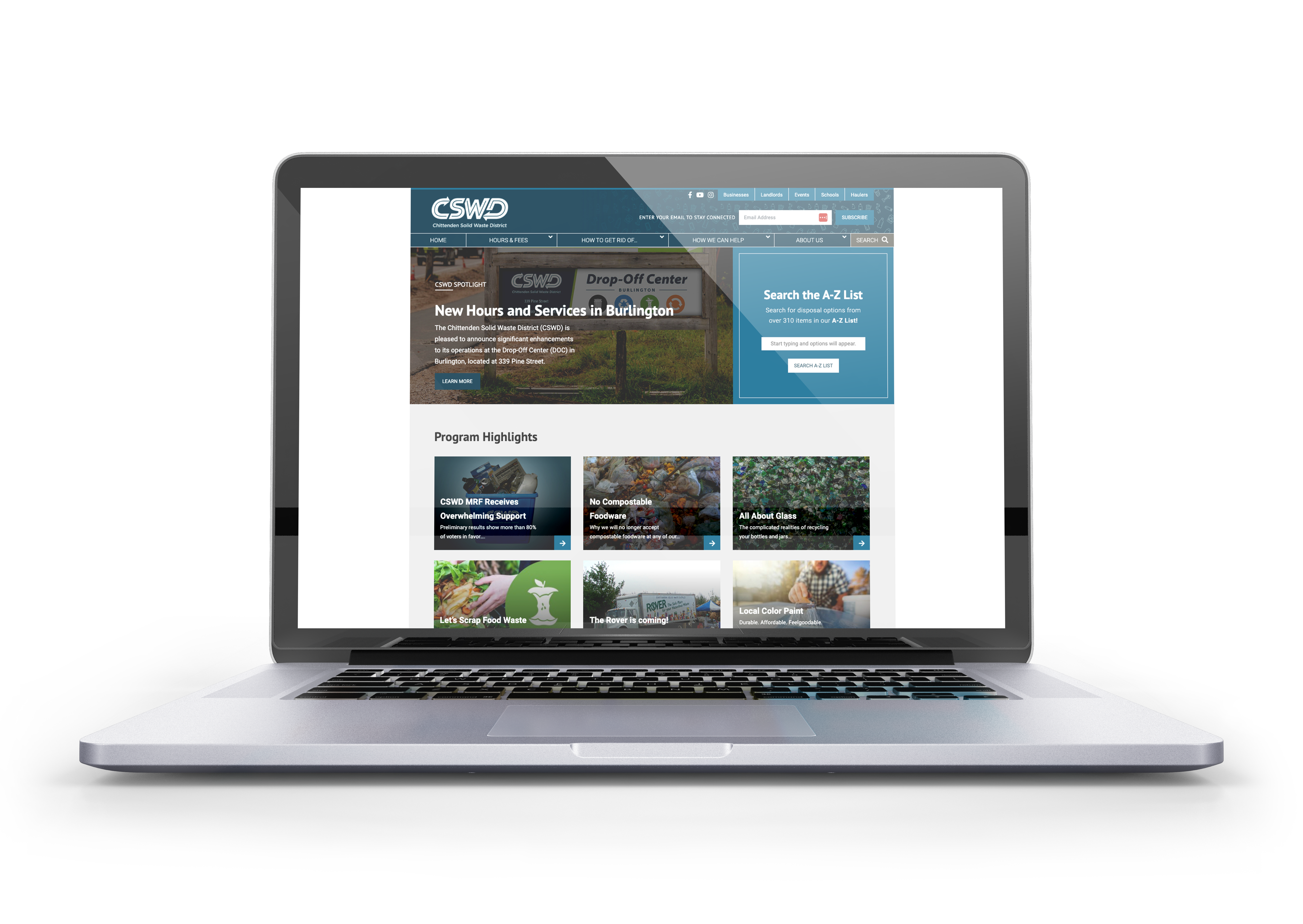 The old CSWD homepage on a laptop