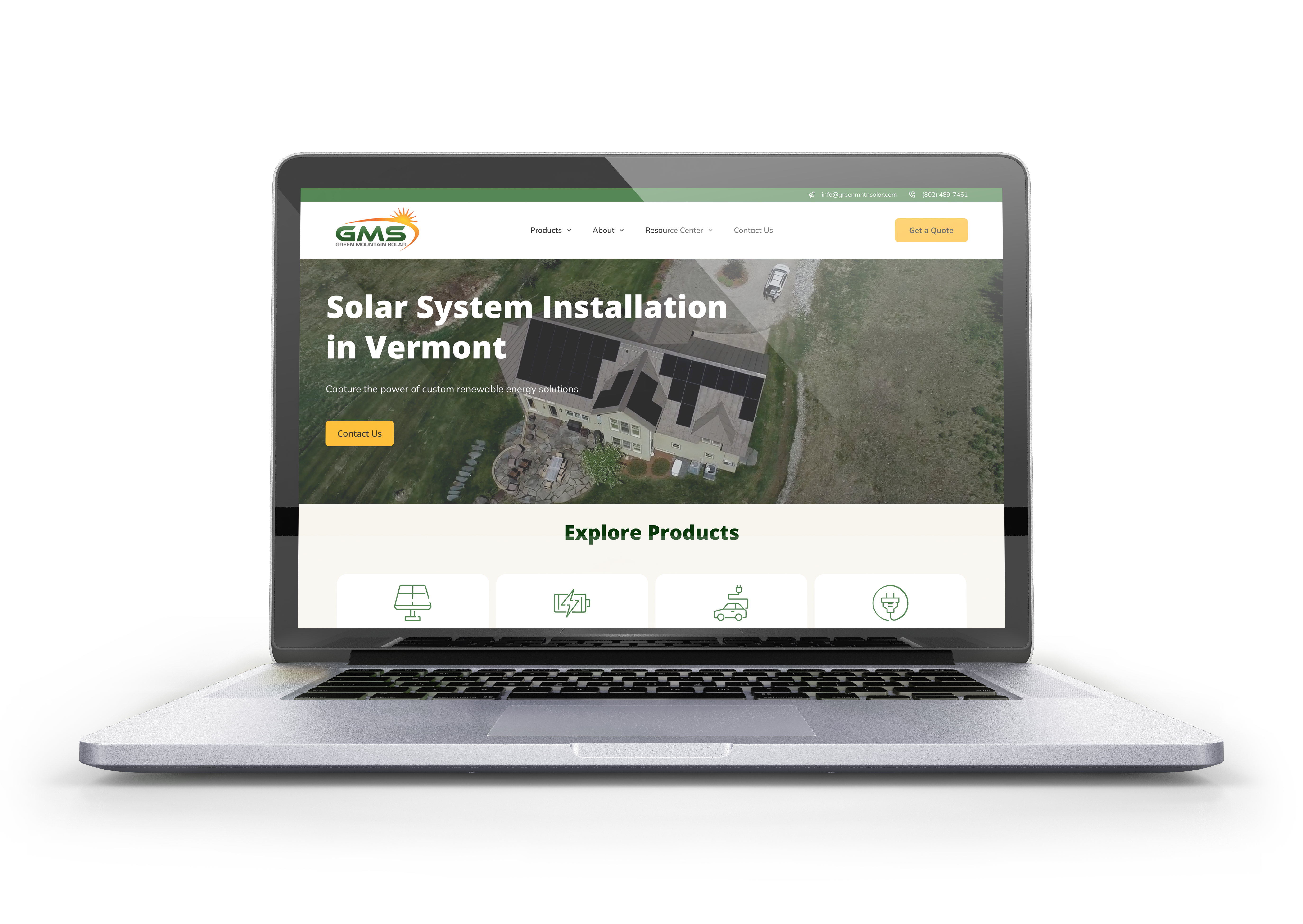 The new Green Mountain Solar website on a laptop