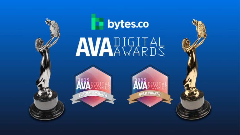 The Bytes.co and AVA Digital Award logos alongside Platinum and Gold AVA Digital Award Statuettes