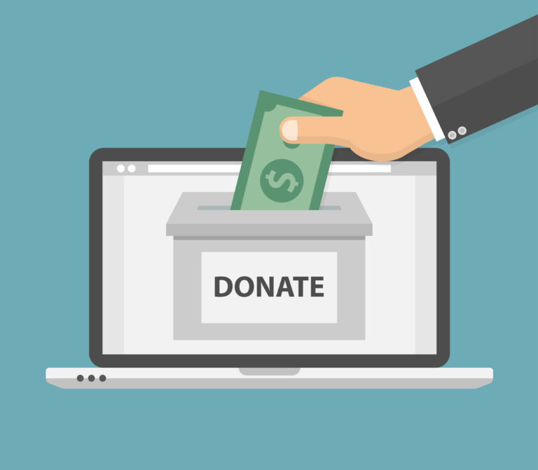 An illustration of a man's hand putting a dollar into a donation box on a laptop