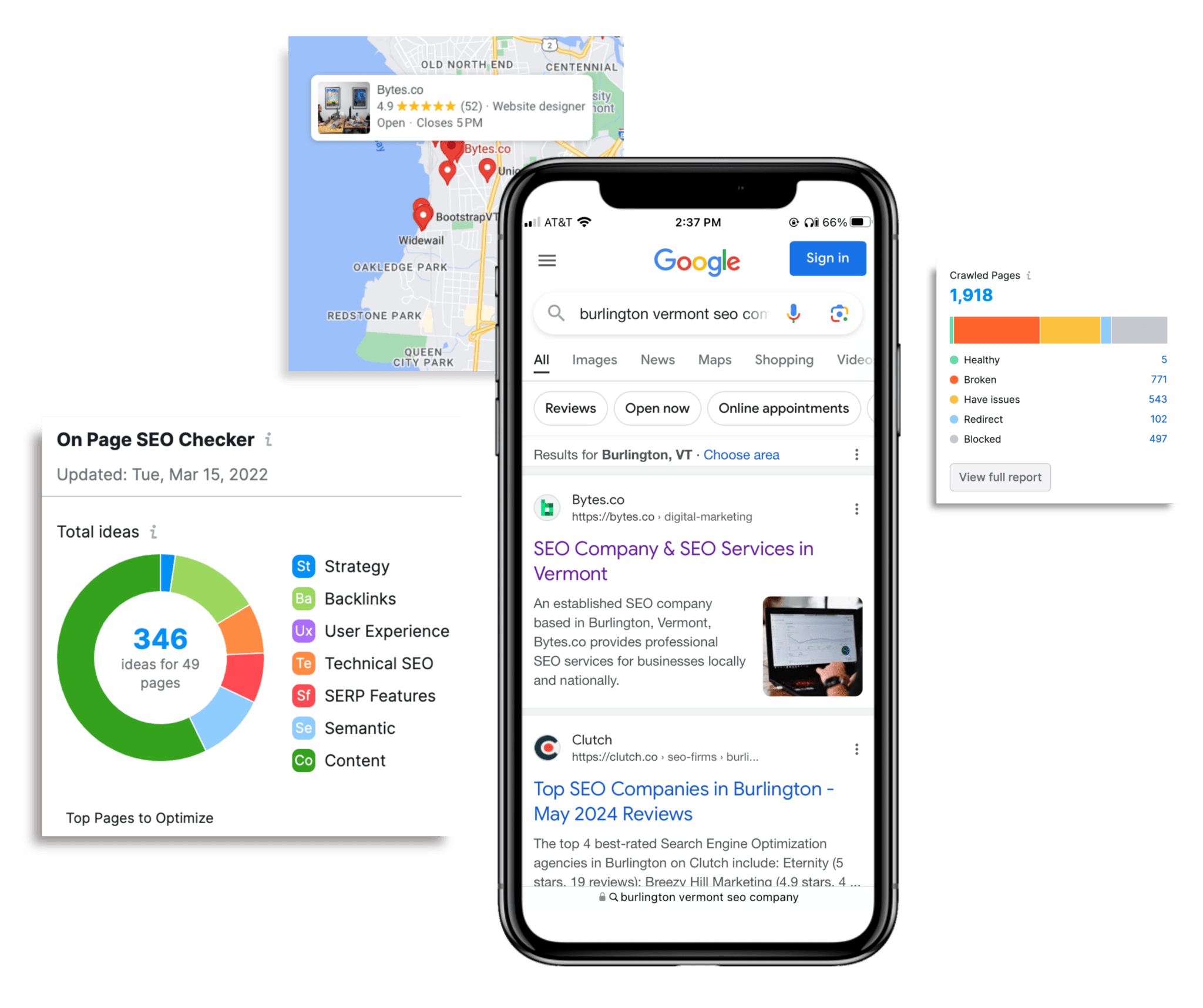 An image of an iPhone with organic search results next to a colorful graph of an On Page SEO Checker, a Crawled Pages graph, and a Google Map pack location