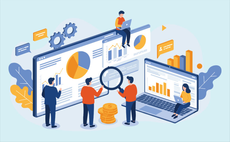 An illustration of a team of employees working together on a digital marketing strategy for financial services