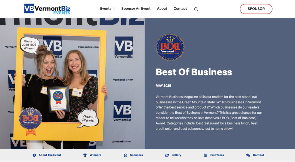 Event page for Best of Business Awards showing how it's presented on the new events website: clear sub-navigation to sections of the page, a branded events title, and picture that is unique to the event.