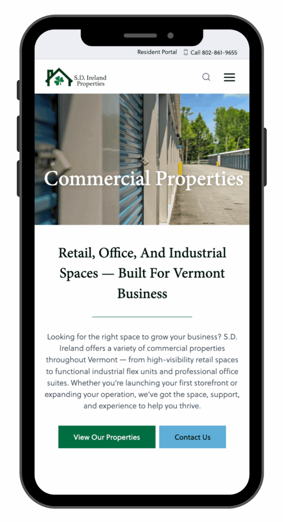 An iPhone displaying the Commercial Properties page