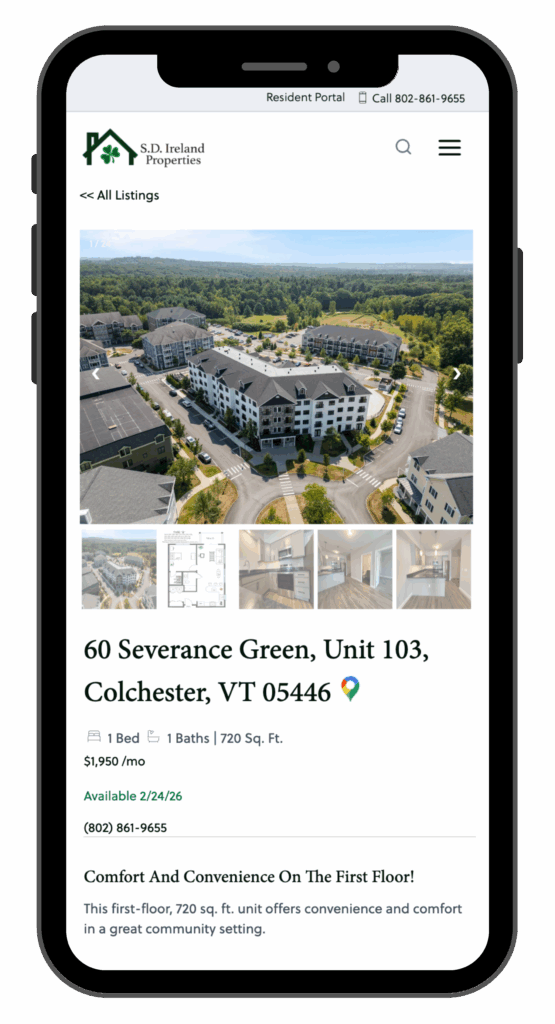 An iPhone displaying the webpage for a unit at Severance Green