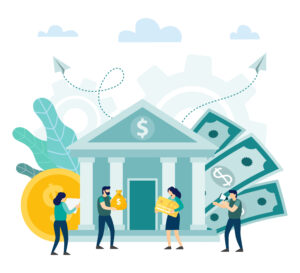 Illustration of people collaborating outside a bank