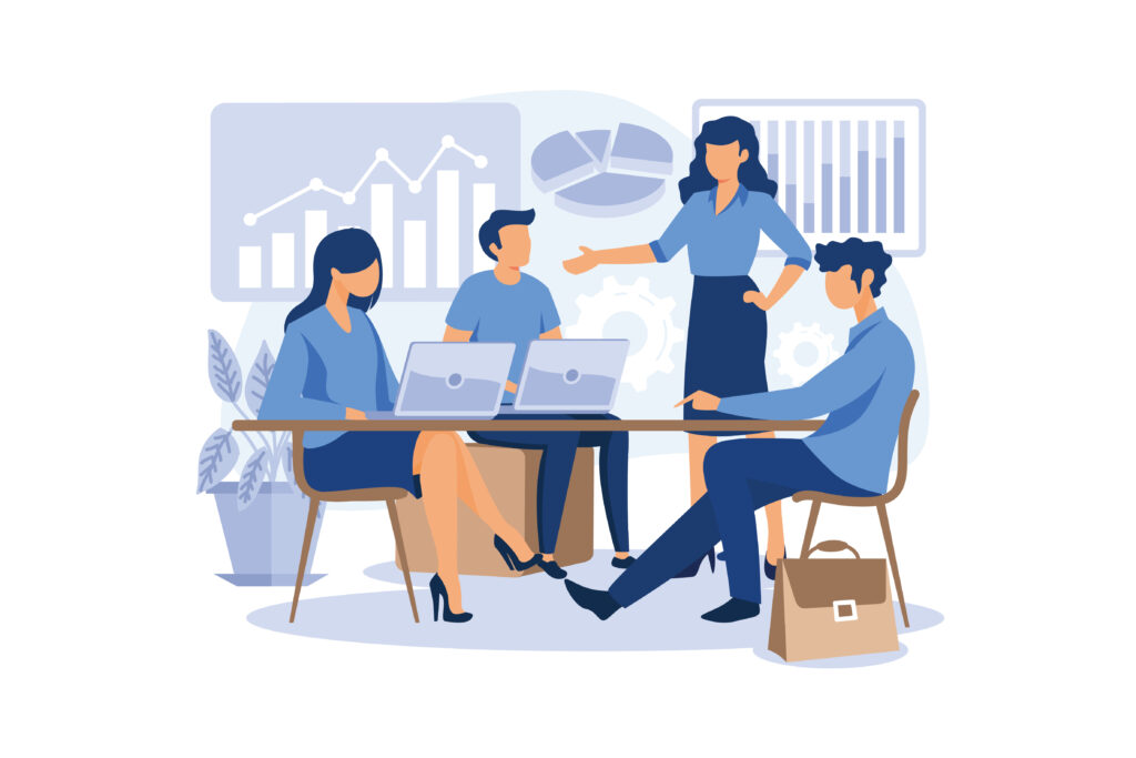 Illustration of a team marketing meeting at a professional company