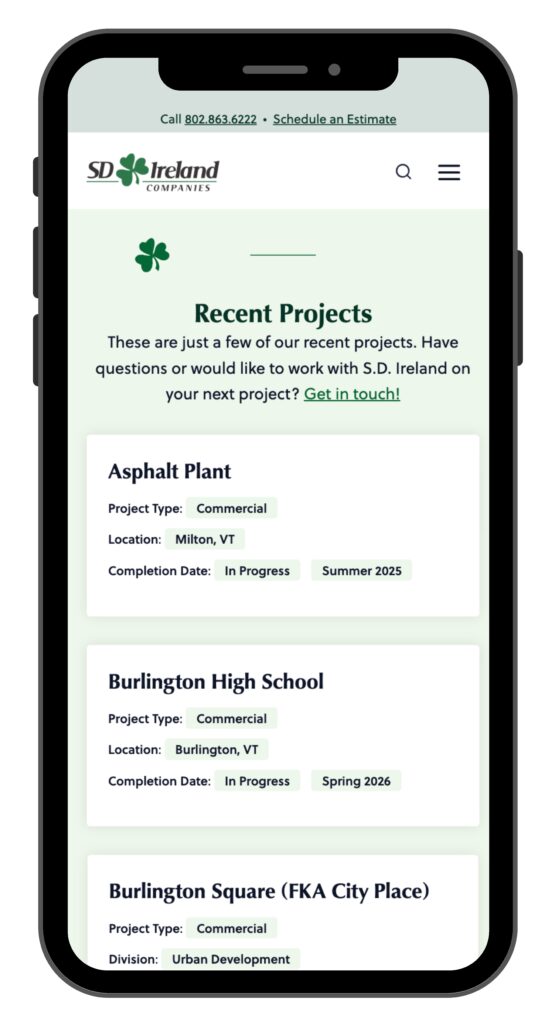 iPhone displaying the new S.D. Ireland Projects page