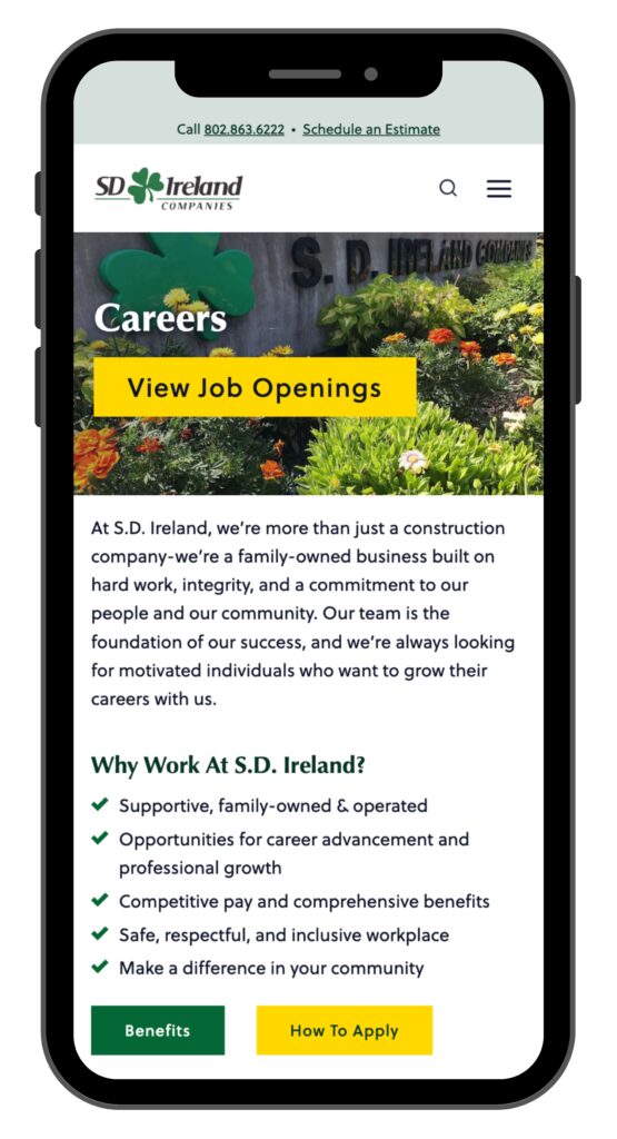iPhone displaying the new S.D. Ireland Careers page