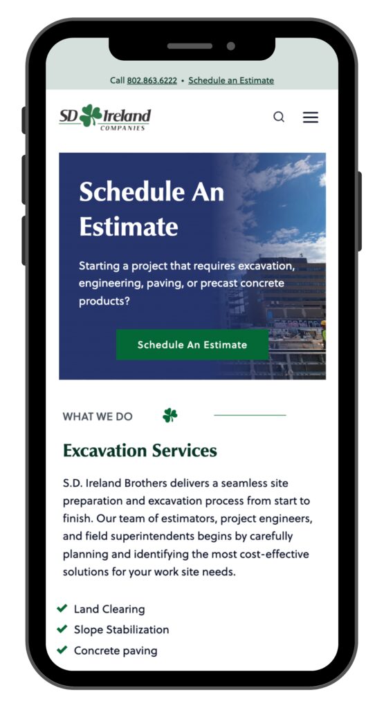 iPhone displaying the new S.D. Ireland Projects page