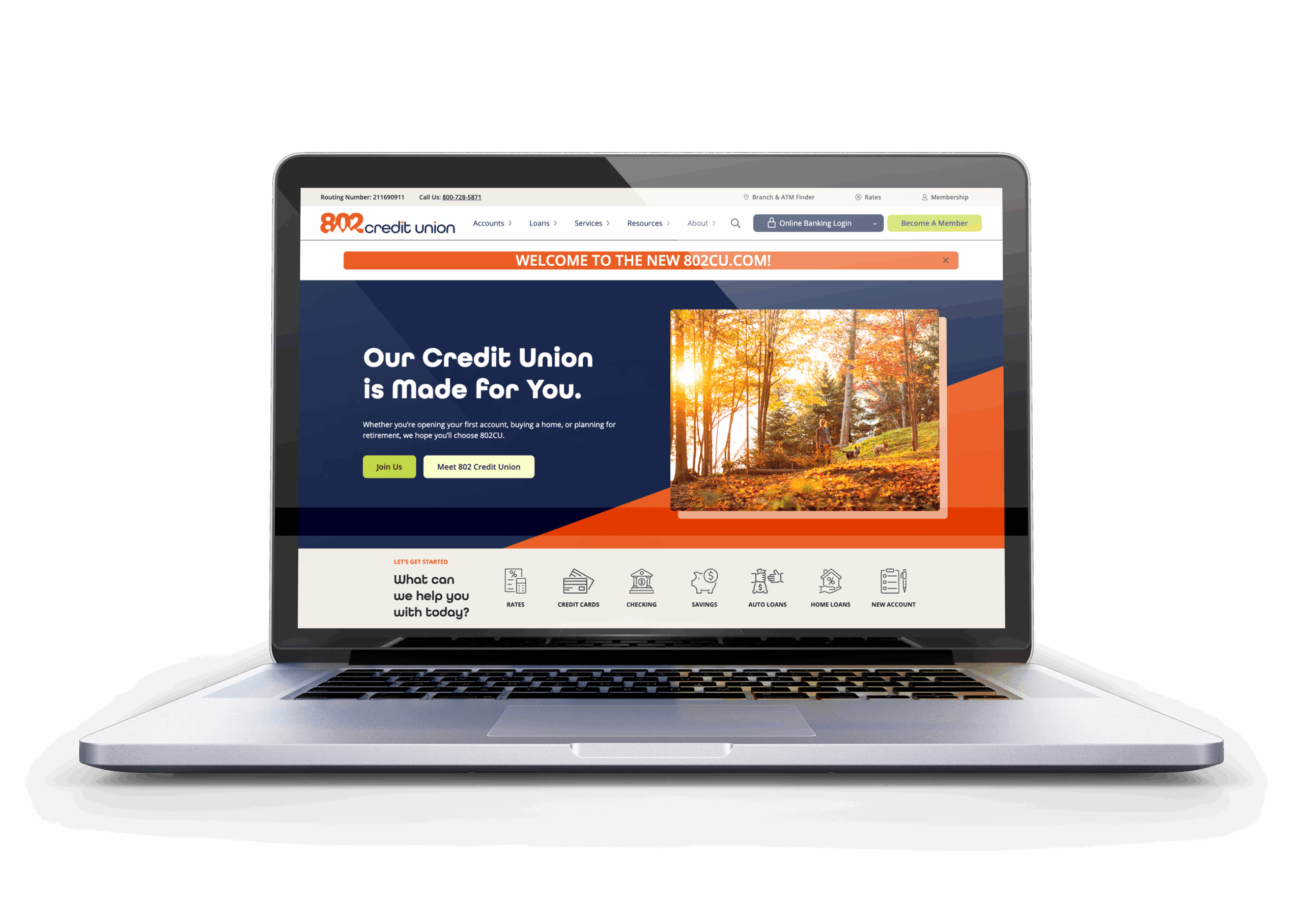 The new 802 Credit Union homepage on a laptop