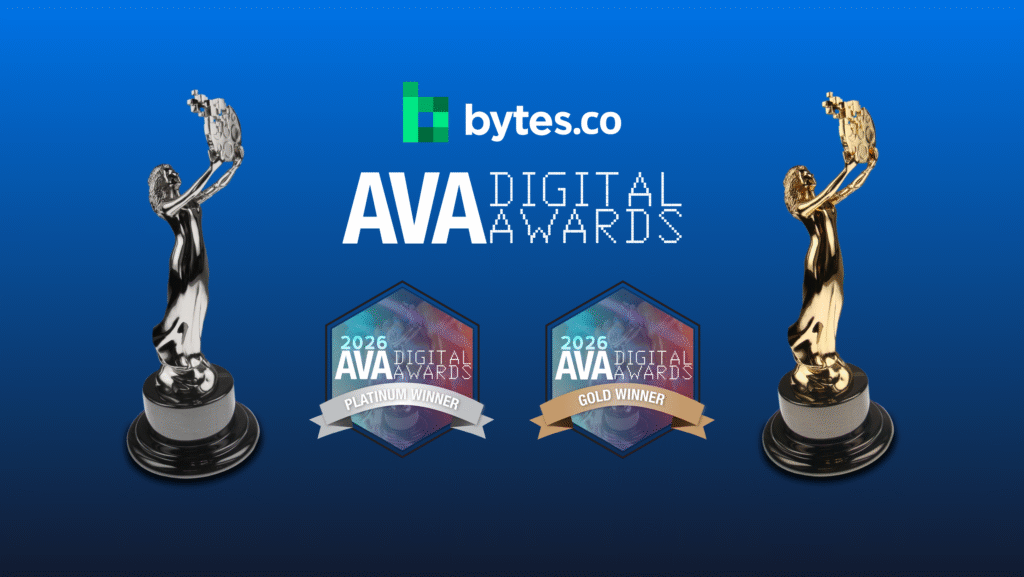 The Bytes.co and 2026 AVA Digital Award logos alongside Platinum and Gold AVA Digital Award Statuettes