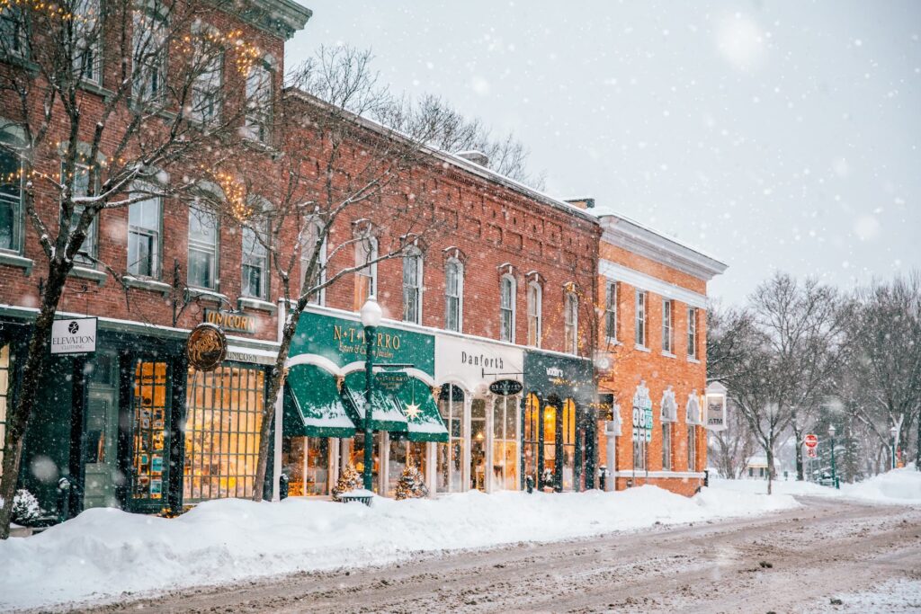 The town of Woodstock, Vermont in winter