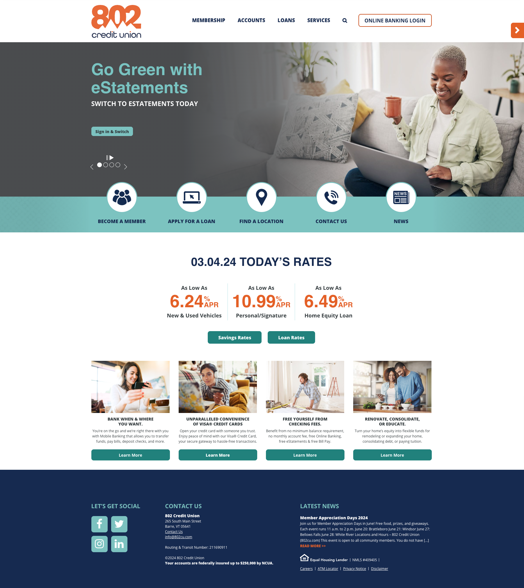 Screenshot of the old 802 Credit Union homepage