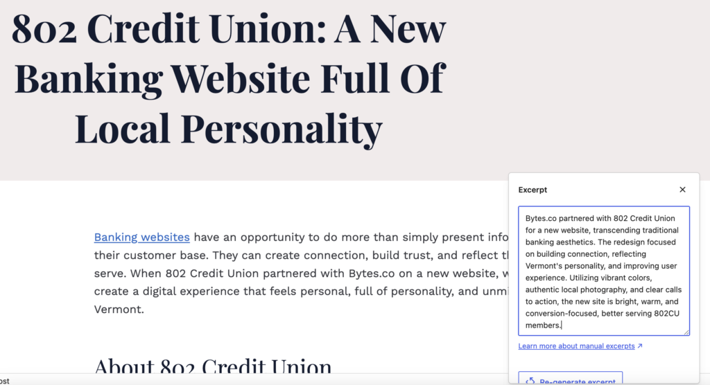 AI-generated page excerpt in WordPress 7