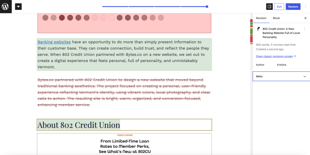 Comparison of edit changes in WordPress 7 for a page