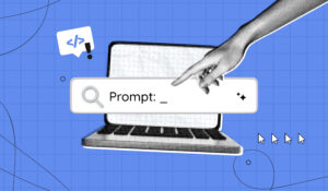 A hand pointing to a laptop and an AI search bar
