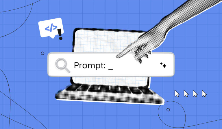 A hand pointing to a laptop and an AI search bar