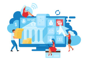 Illustration of three individuals banking online