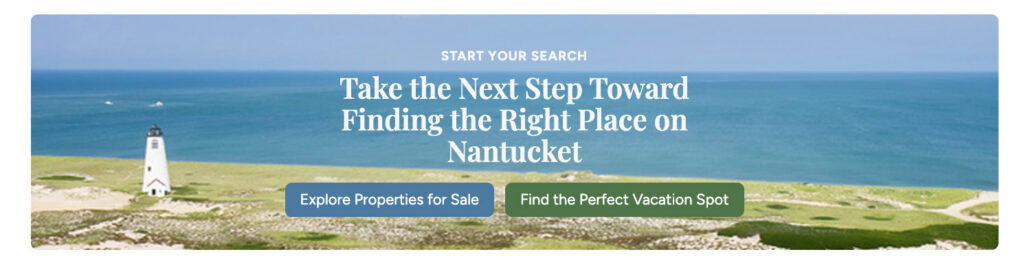 Closing call-to-action section featuring a scenic photograph of a white Nantucket lighthouse with red trim against a blue sky, accompanied by text inviting visitors to reach out to Atlantic East Real Estate.
