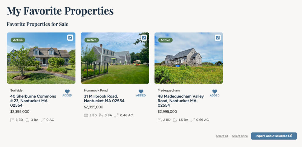 Favorites list page on the Atlantic East Nantucket Real Estate website showing saved home and rental listings with property cards, details, and options to email or manage the saved list.