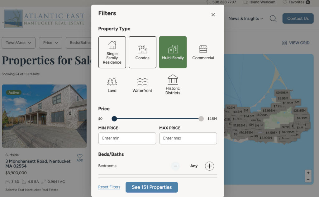 Expanded property search filter modal on the Atlantic East website showing key filter categories such as location, price range, bedrooms, waterfront access, and property amenities.