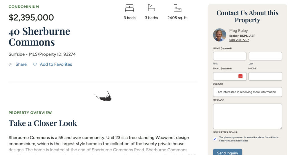 Property details page for 40 Sherburne Commons displaying price, beds, baths, and square footage alongside a prominent "Contact Us About this Property" sidebar inquiry form with agent contact info and message fields.