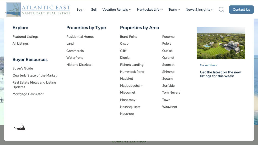 Expanded navigation mega menu for Atlantic East Nantucket Real Estate displaying organized columns for Explore, Buyer Resources, Properties by Type, Properties by Area, and a Market News callout box.