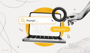 A hand with a magnifying glass examining a laptop and an AI prompt search bar